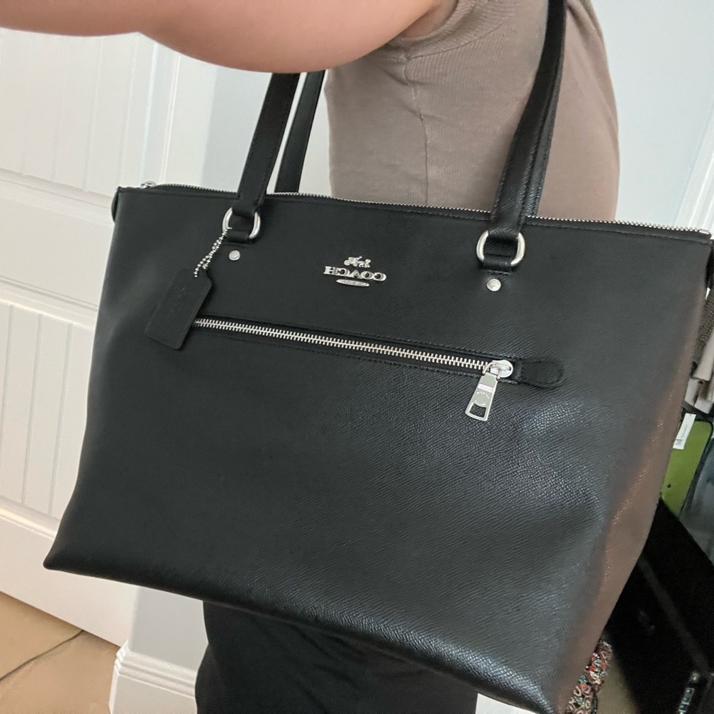 Coach Black Leather Tote Bag with Silver Accents